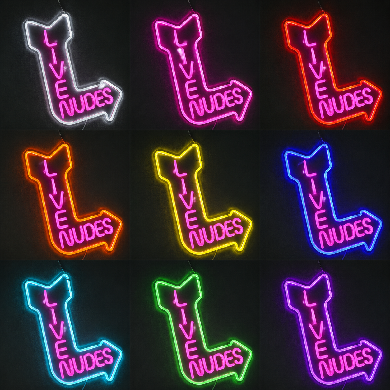 Live Nudges On The Side Of A Building Next To A Potted Plant LED Neon Sign color grid