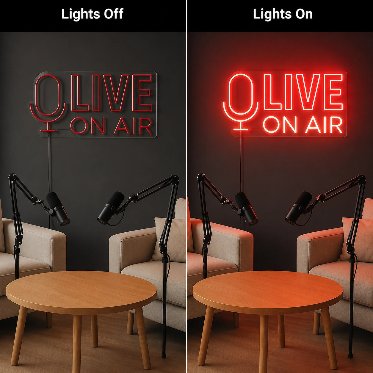 Live On Air Media Neon Sign LED Neon Sign day and night comparison