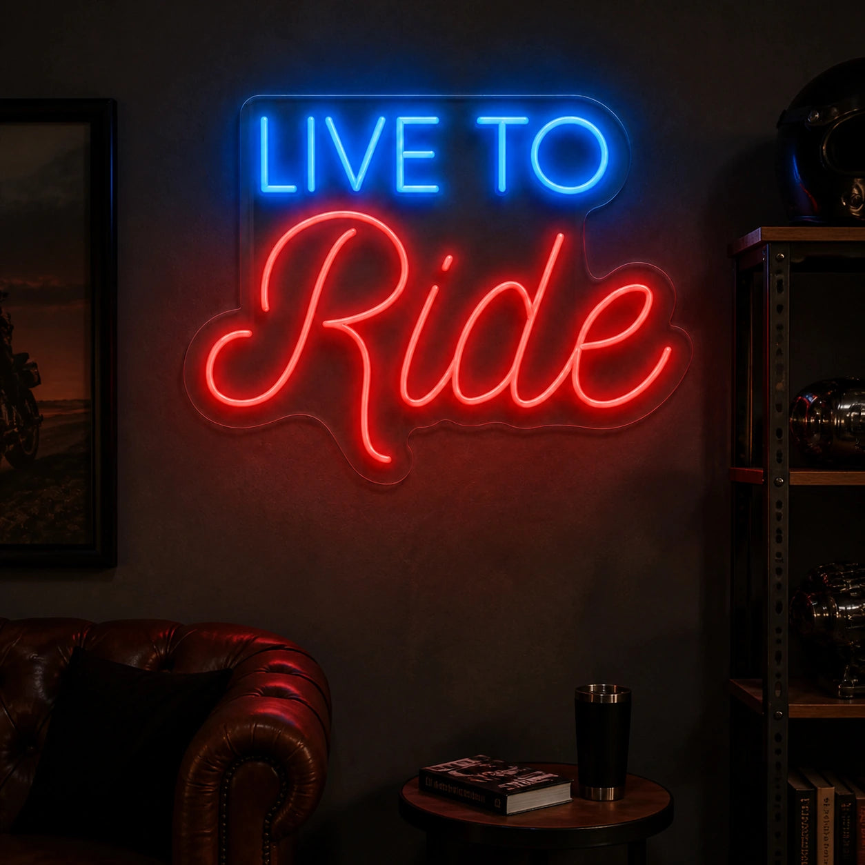 Live To Ride Living Room Vintage LED Neon Sign real lifestyle scene