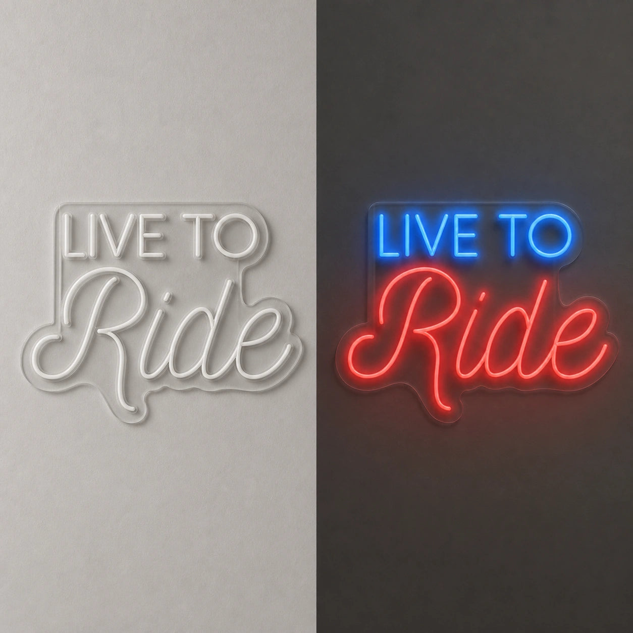 Live To Ride Living Room Vintage LED Neon Sign day and night comparison