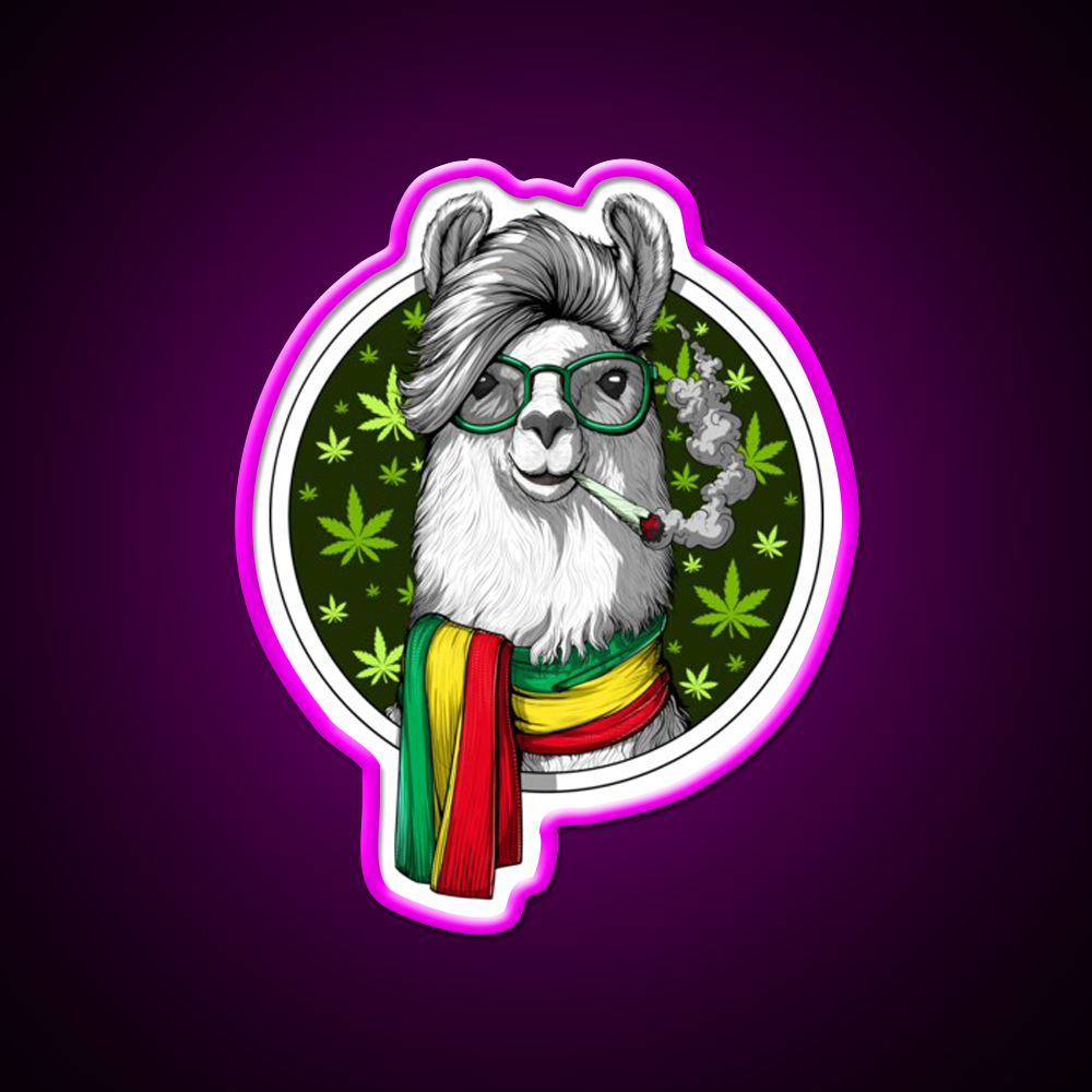 Llama Stoner Weed Hemp Inspired Green Leaf Led Neon Sign Rgb Color - Neon sign mounted on wall in room