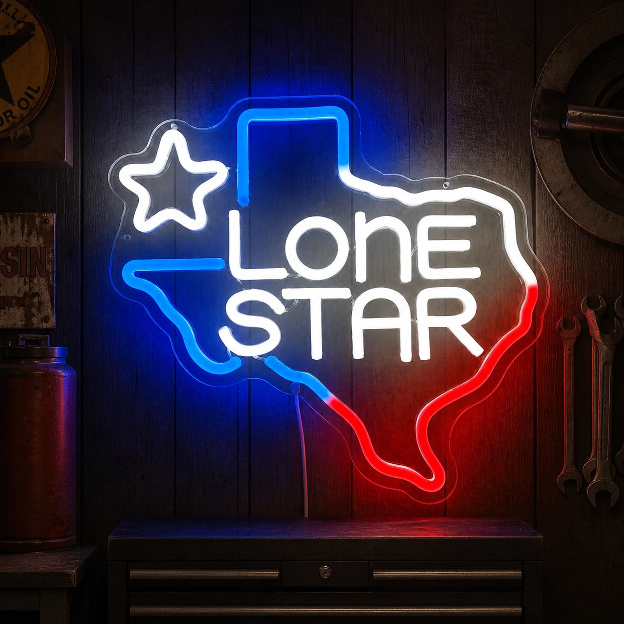 Lone Star Text Texas Outline Garage Neon Sign Vintage LED Neon Sign real lifestyle scene