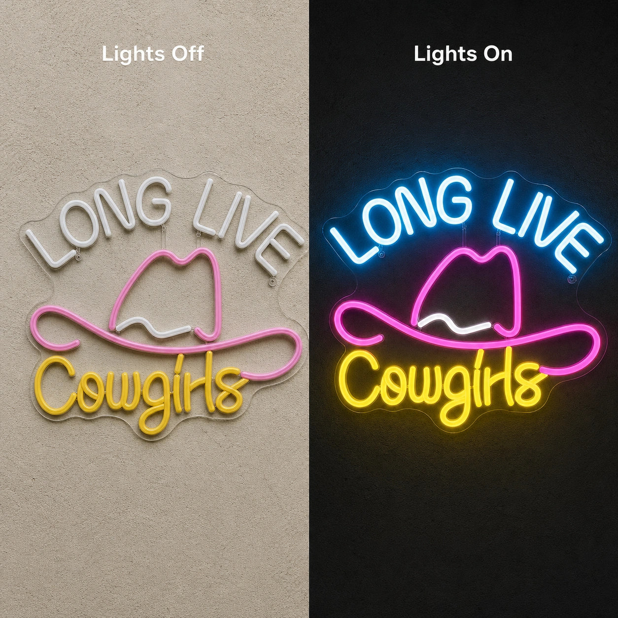 Long Live Cowgirls With Cowboy Hat LED Neon Sign day and night comparison