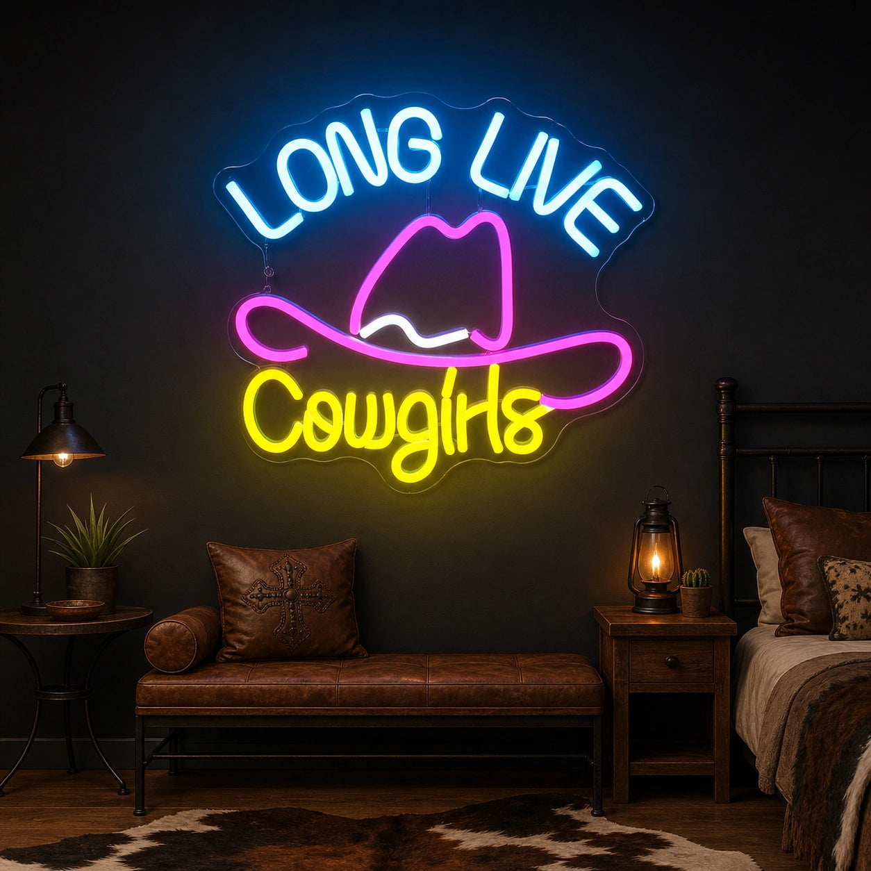 Long Live Cowgirls With Cowboy Hat LED Neon Sign Home Garage Wall Decoration size image