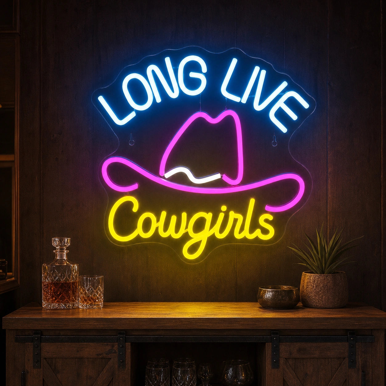 Long Live Cowgirls With Cowboy Hat LED Neon Sign Man Cave Neon Sign real lifestyle scene