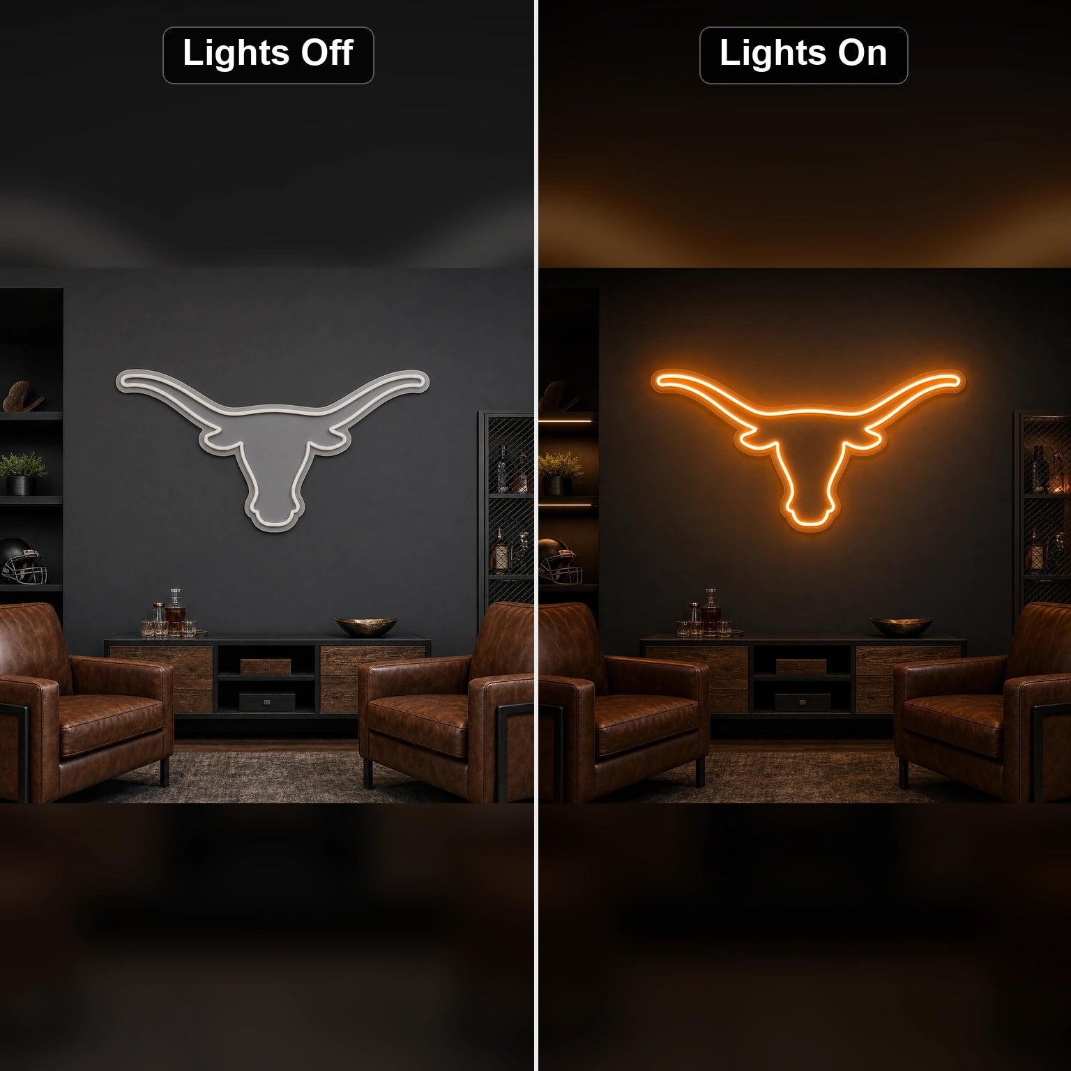 Longhorn Bull Head Man Cave LED Neon Sign Home Garage Wall Decoration day and night comparison