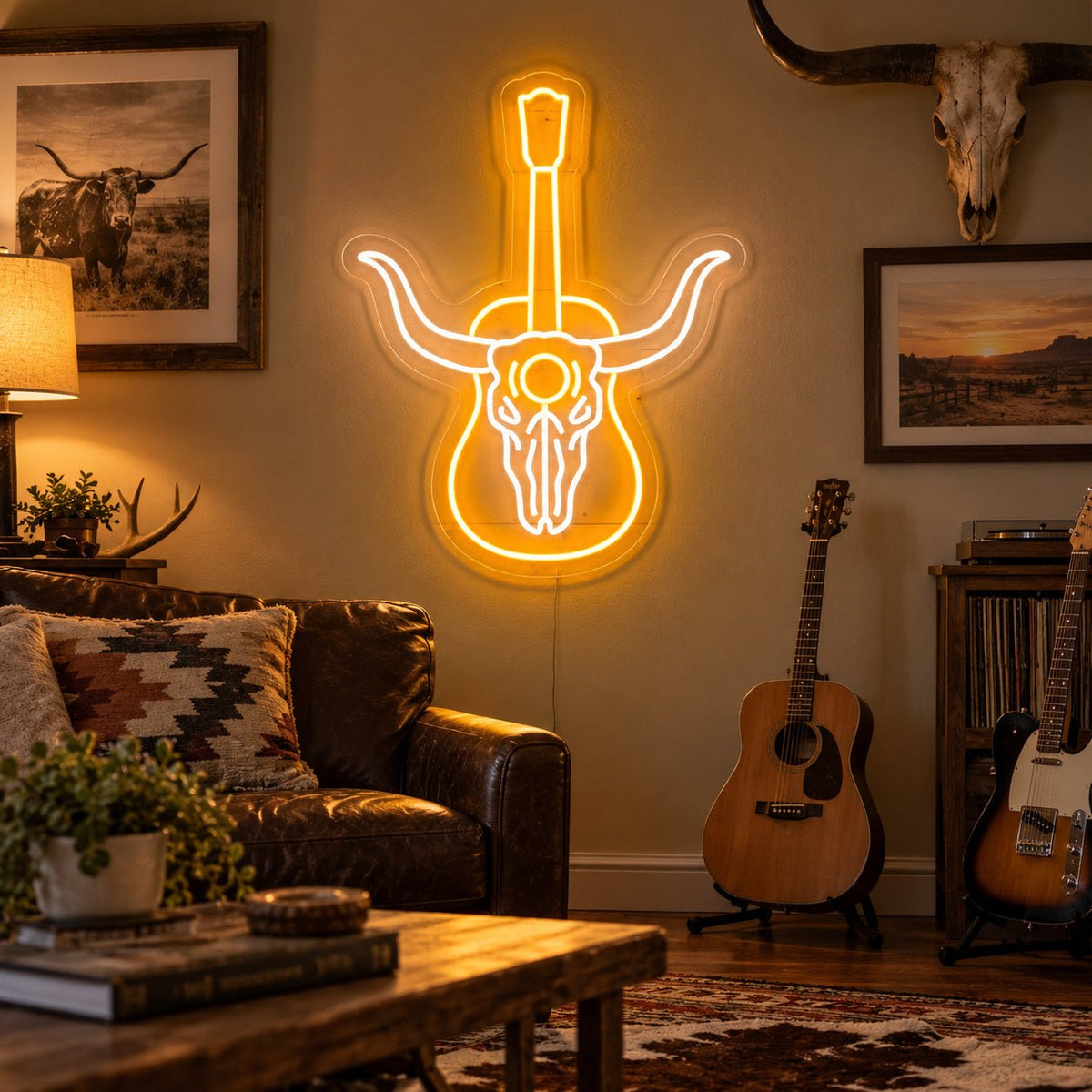 Longhorn Skull Acoustic Guitar LED Neon Sign - Shineneon