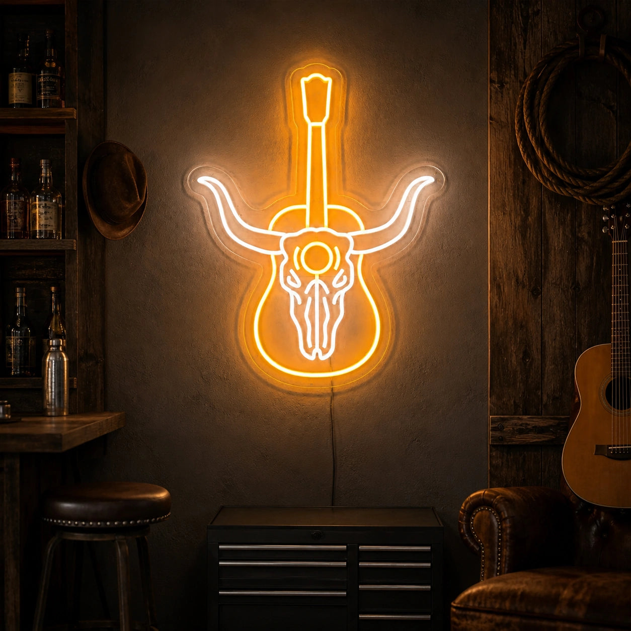 Longhorn Skull Acoustic Guitar Vintage LED Neon Sign high-converting product image