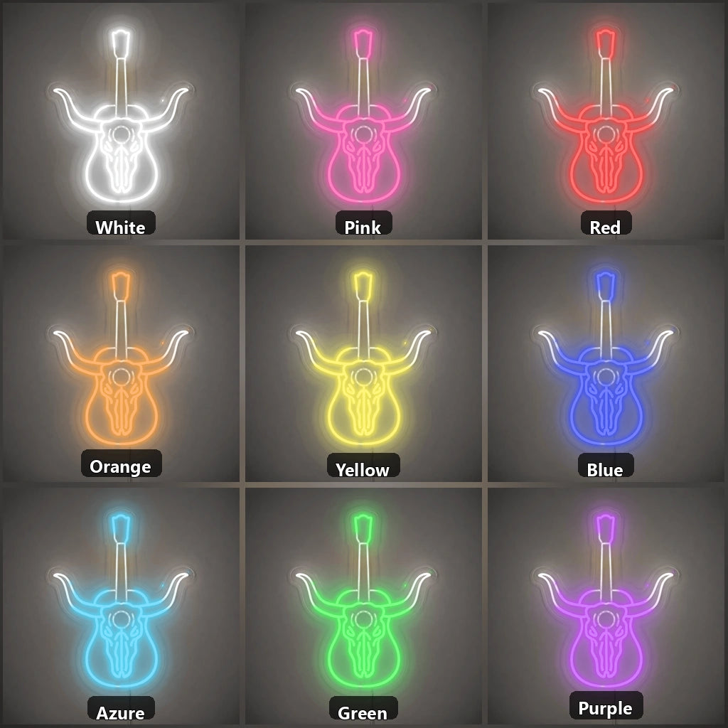 Longhorn Skull Acoustic Guitar Vintage LED Neon Sign color grid
