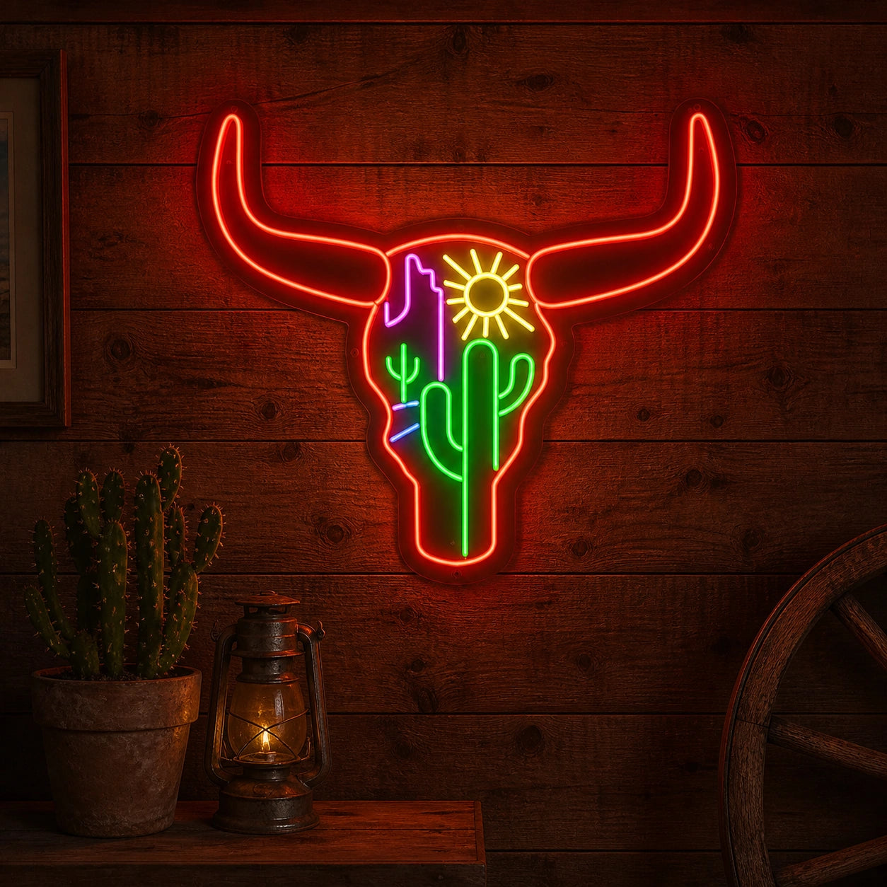 Longhorn Skull Cactus Desert Vintage LED Neon Sign real lifestyle scene