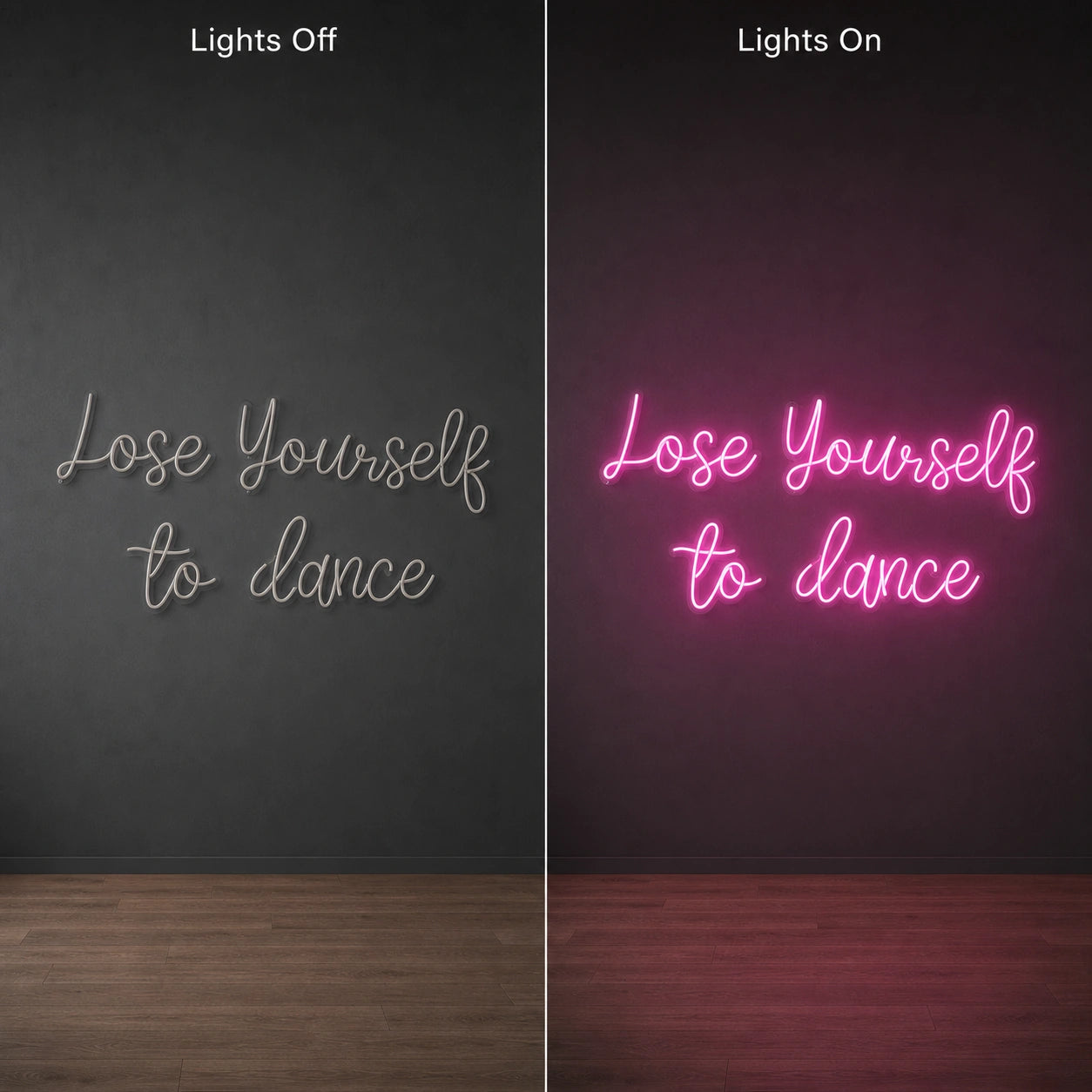 Lose Yourself To Dance LED Neon Sign Man Cave Neon Sign day and night comparison