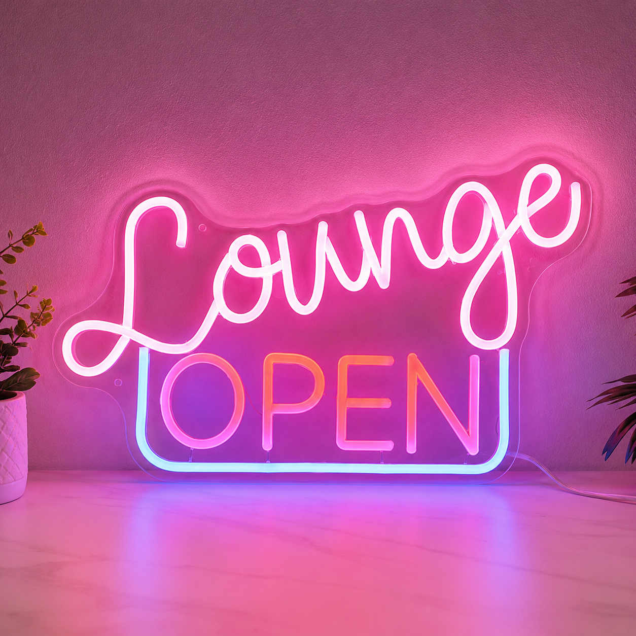 Lounge Open In Front Of A Dark LED Neon Sign main product image