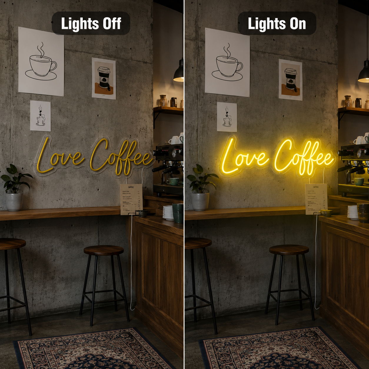 Love Coffee LED Neon Sign - 06 Day Night Comparison