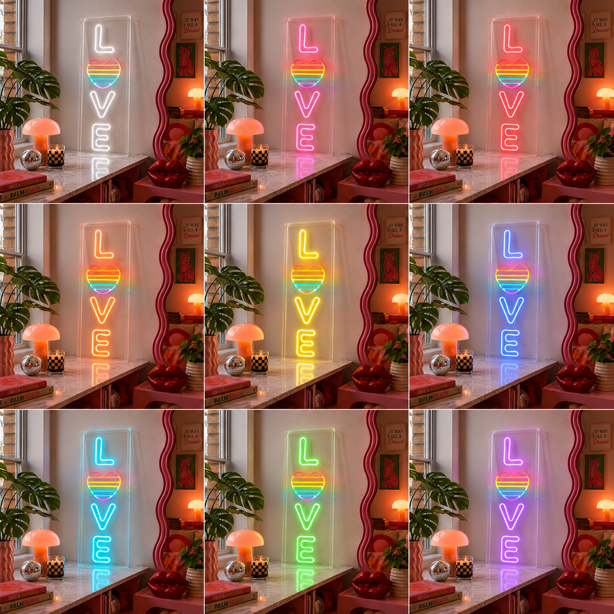Love Heart Script Wall Decor LED Neon Sign color grid