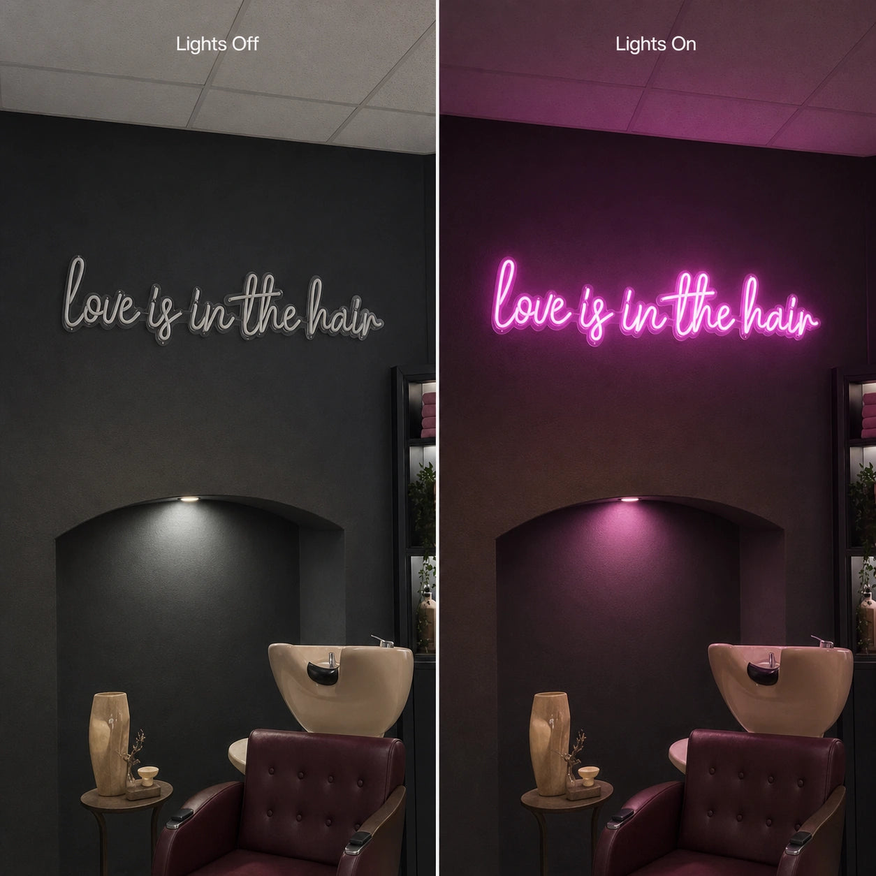 Love Is LED Neon Sign Garage Neon Sign day and night comparison