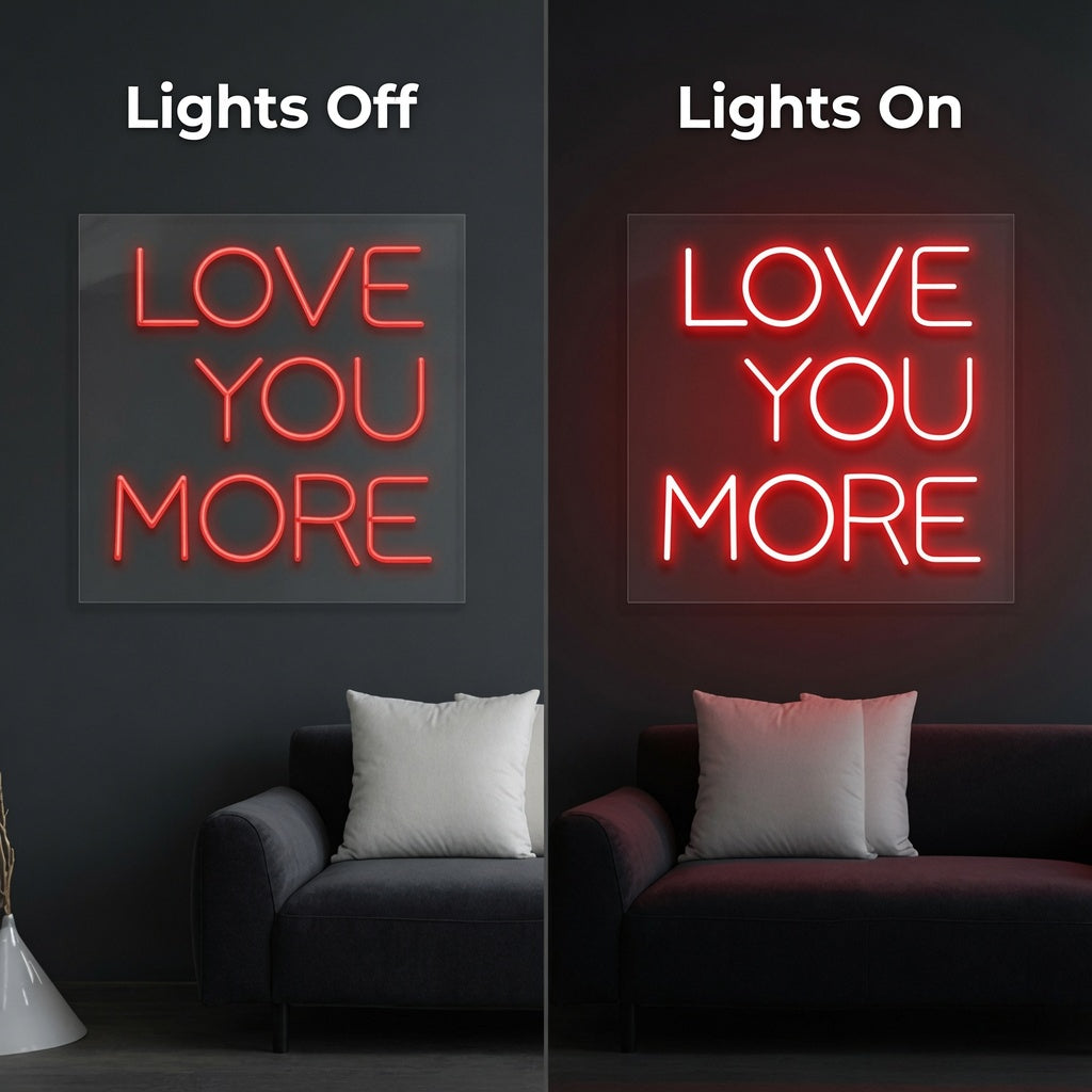 Love You More Script LED Neon Sign - 06 Day Night Comparison