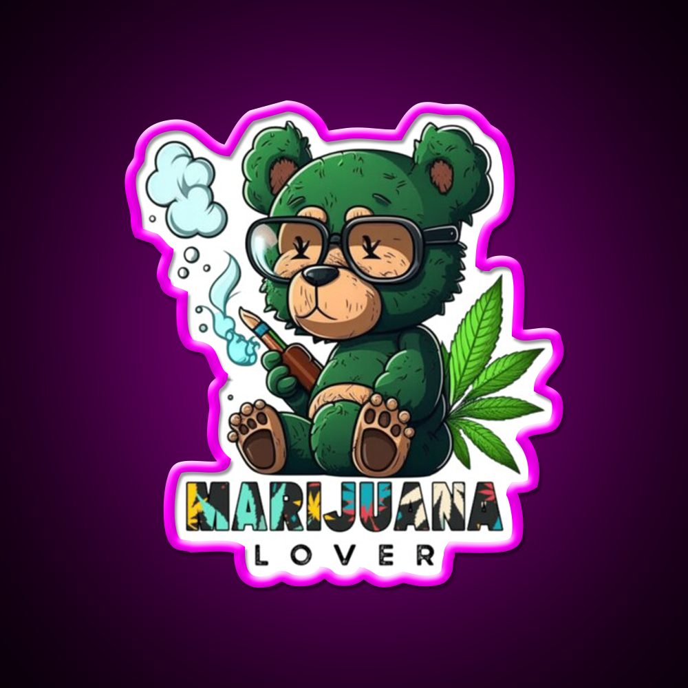 Lover Bear Smoke Weed Hemp Inspired Green Leaf Led Neon Sign Rgb Color - Neon sign mounted on wall in room