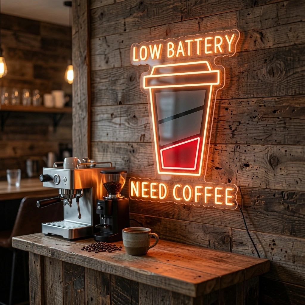 Low Battery Need Coffee Wall Decor LED Neon Sign - 03 Real Lifestyle Scene
