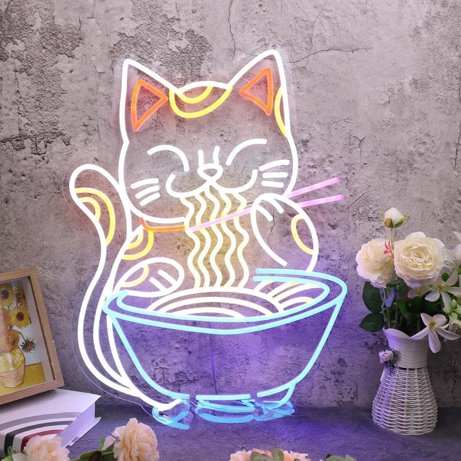 Lucky Cat Eating Noodles Custom Led Neon Sign - Shineneon