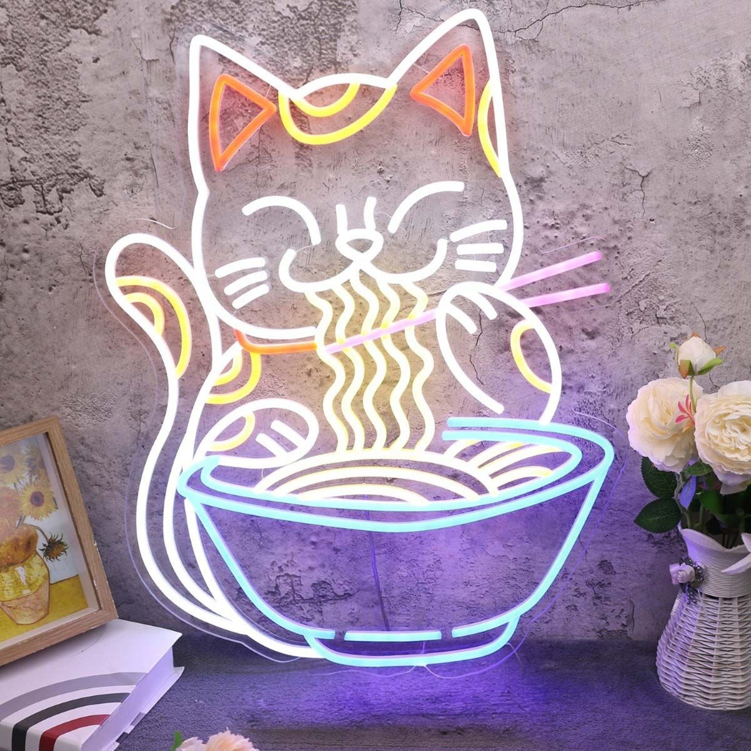 Lucky Cat Eating Noodles Custom Led Neon Sign - Shineneon