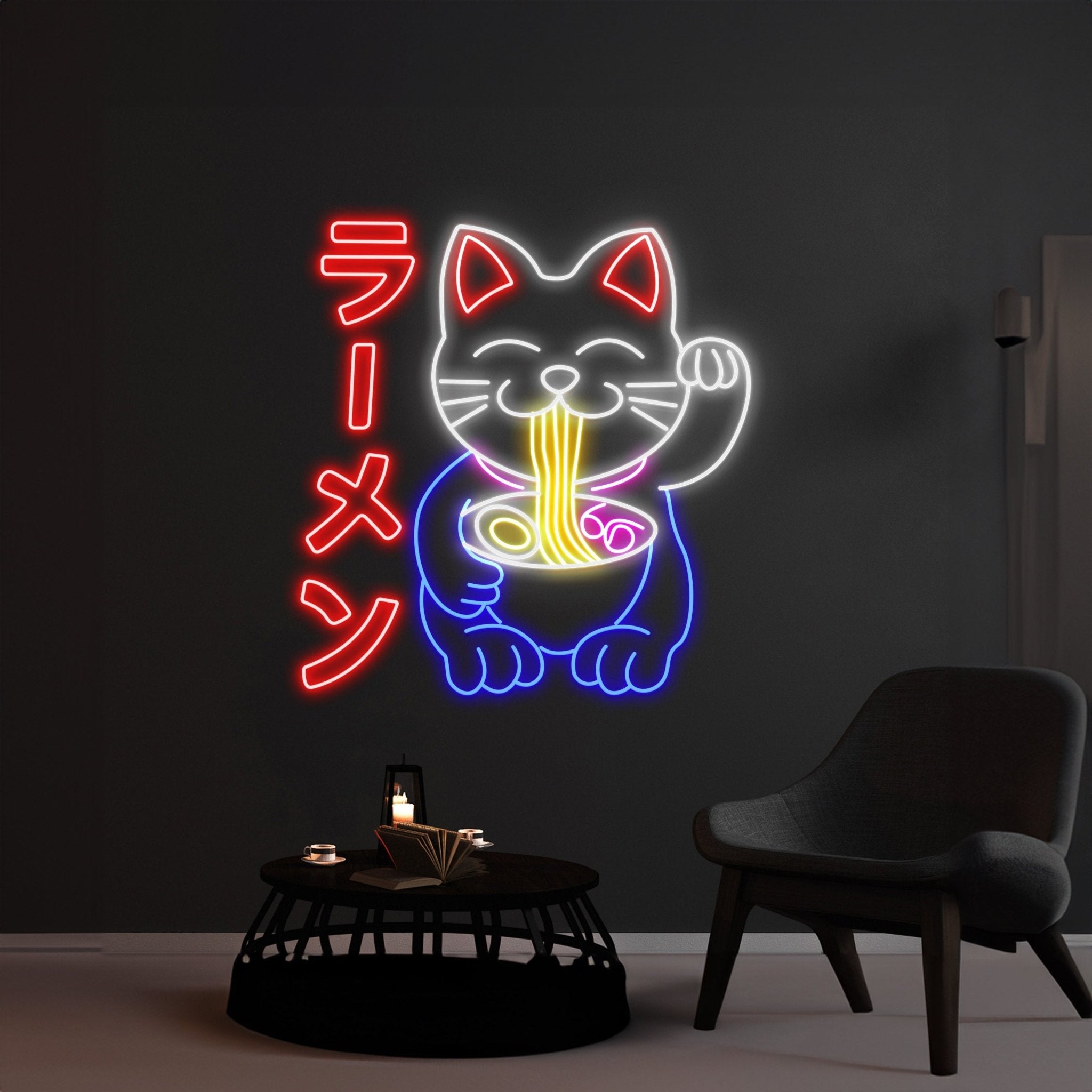 Lucky Cat Eating Ramen Neon Sign Ramen Noodles Cat Led Sign Decor - Shineneon