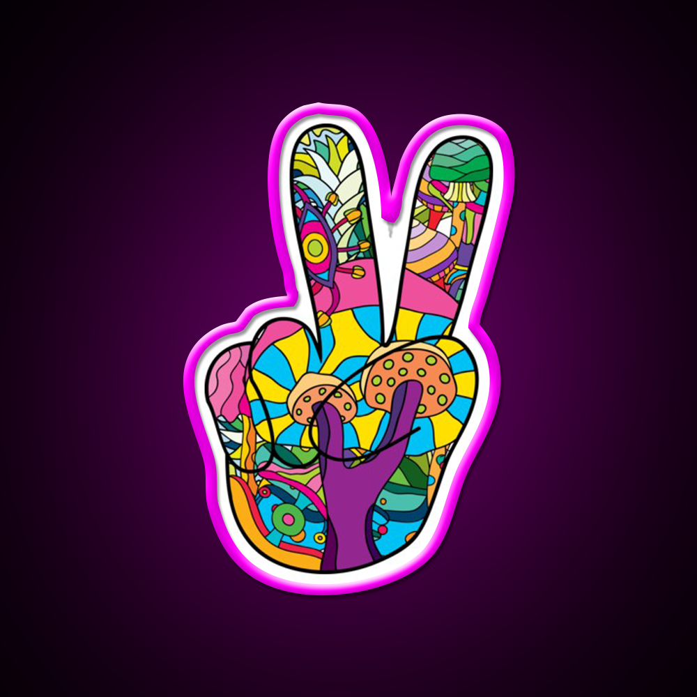 Magic Mushroom Pattern Hippie Victory Hand Green Leaf Led Neon Sign Rgb Color - Neon sign mounted on wall in room