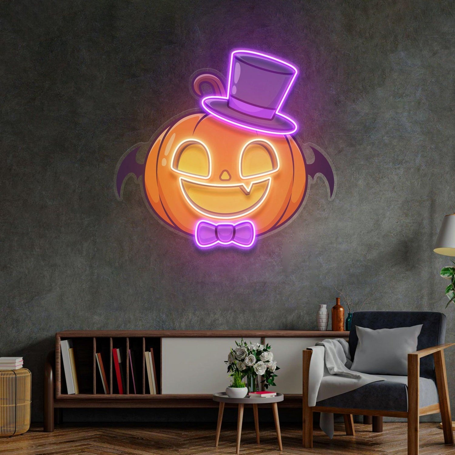 Magician Pumpkin Uv Printed Led Neon Sign With Bat Bowtie For Halloween Home Decor | Shineneon