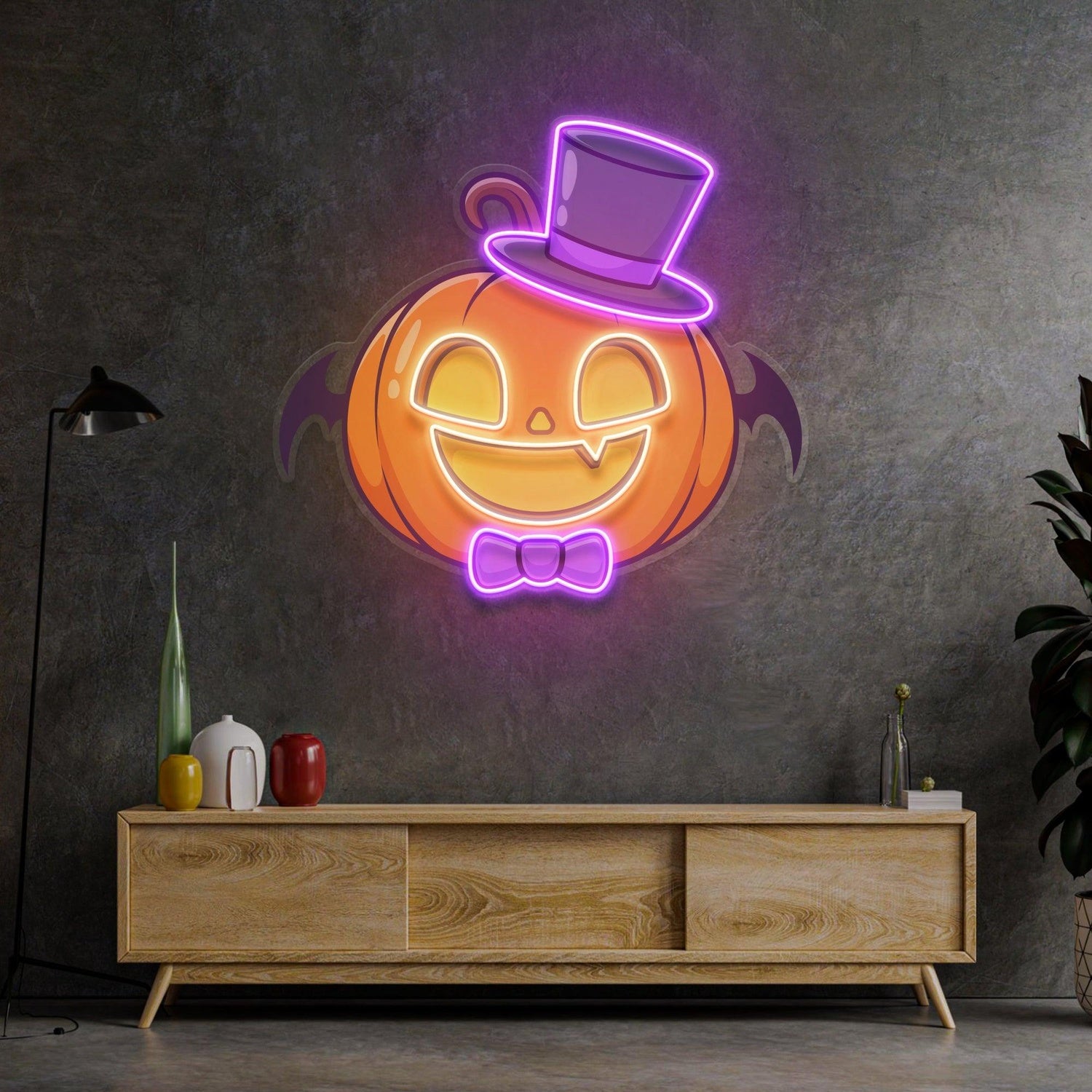 Magician Pumpkin Uv Printed Led Neon Sign With Bat Bowtie For Halloween Home Decor | Shineneon