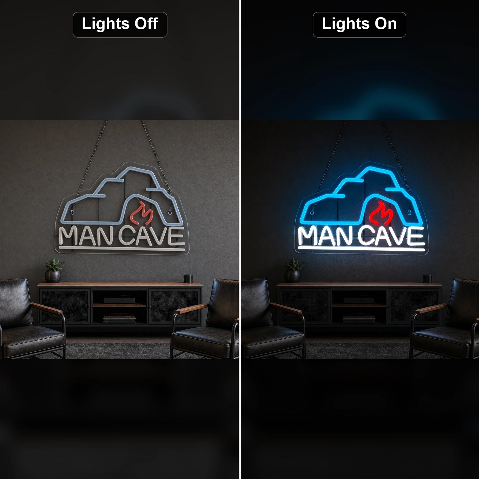 Man Cave With Roof And Flame LED Neon Sign Home Bar Wall Decoration day and night comparison