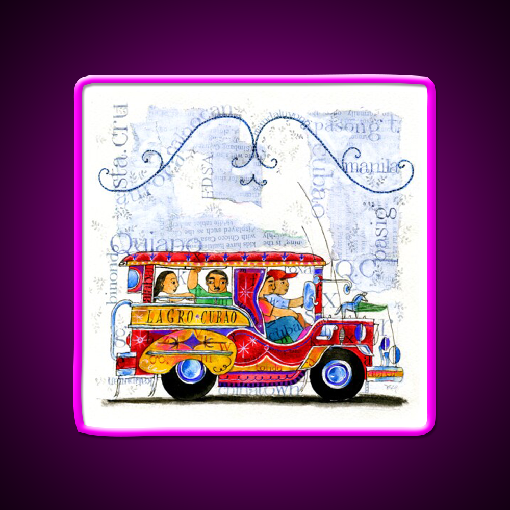Manila Jeepney Ride Illustration Asian Cultural Led Neon Sign Rgb Color - Neon sign mounted on wall in room