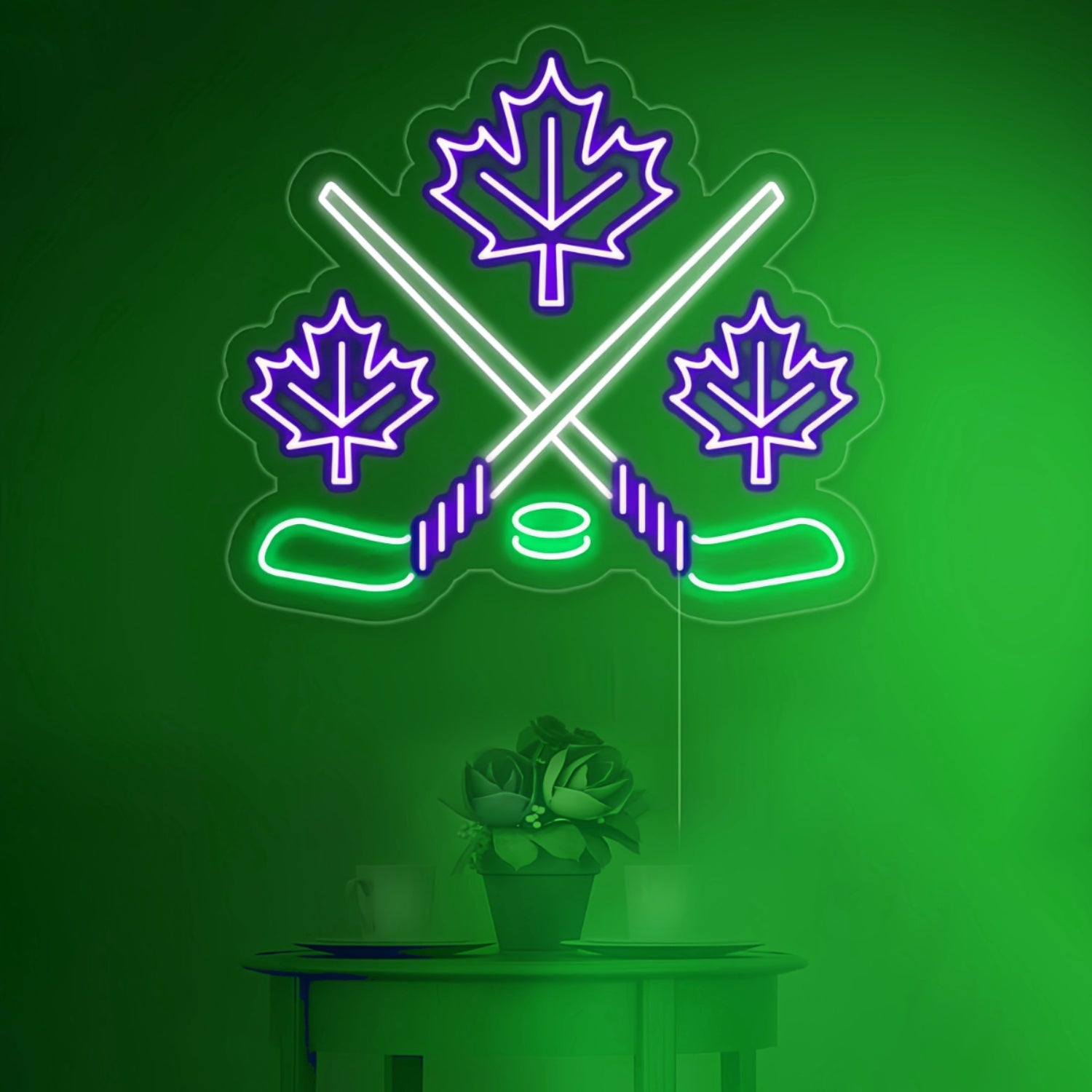 Maple Leaves With Crossed Hockey Sign In Neon Light | Shineneon