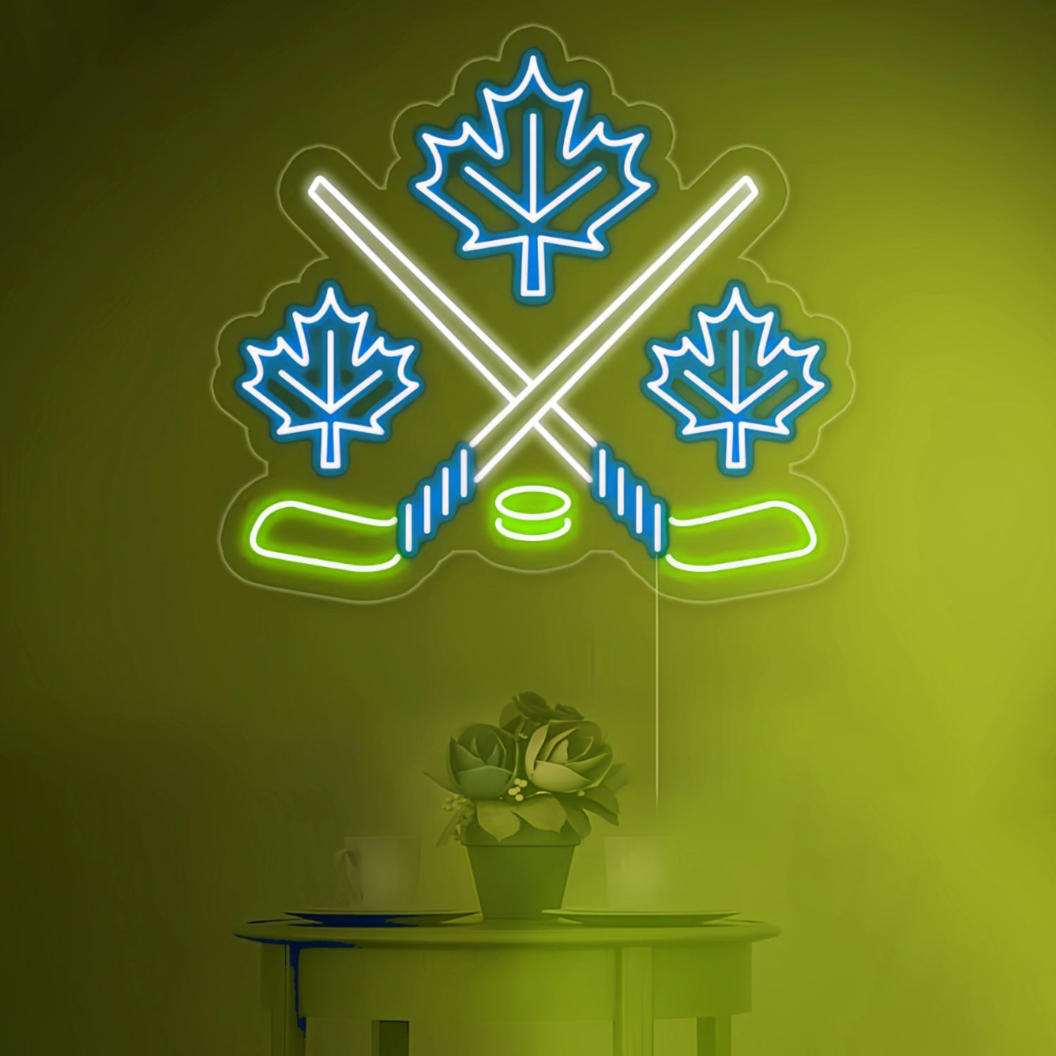 Maple Leaves With Crossed Hockey Sign In Neon Light | Shineneon