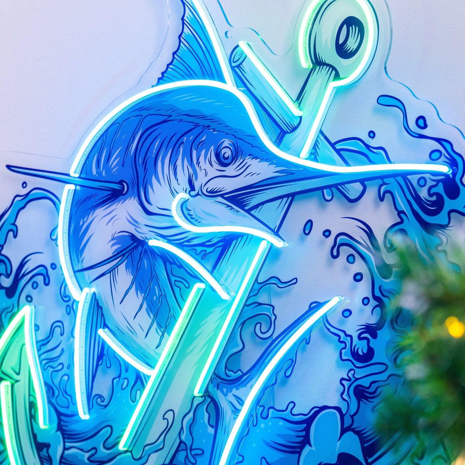 Marlin Fish And Anchor Uv Printed Led Neon Sign With Blue-Green Waves For Marine Decor | Shineneon
