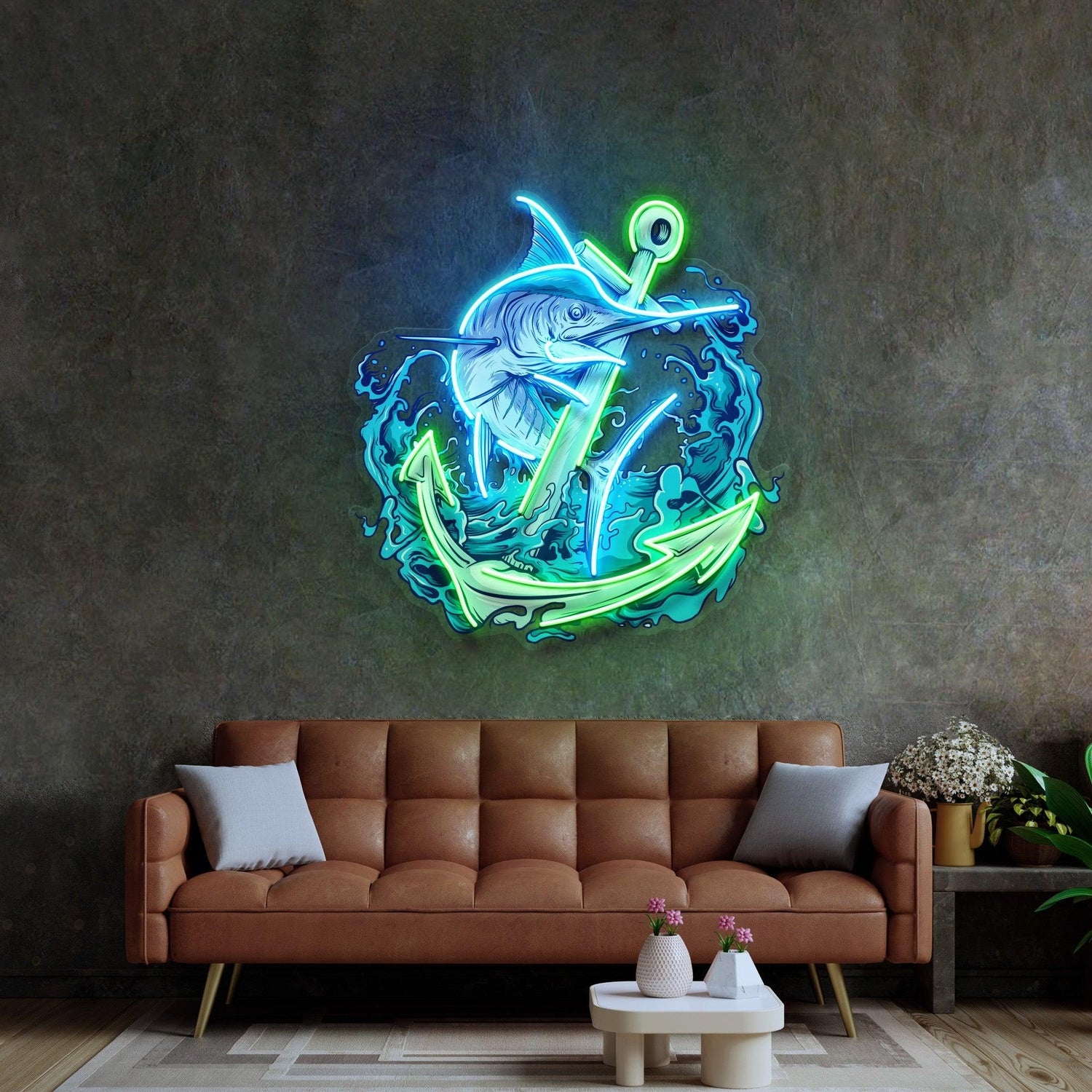Marlin Fish And Anchor Uv Printed Led Neon Sign With Blue-Green Waves For Marine Decor | Shineneon