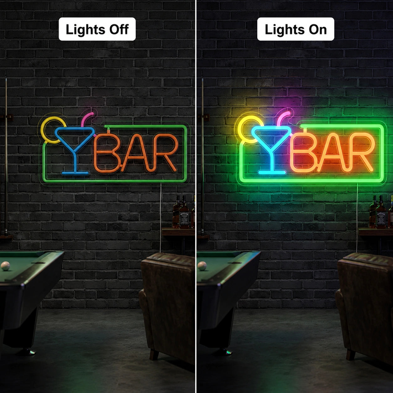 Martini Bar Neon Sign LED Neon Sign day and night comparison