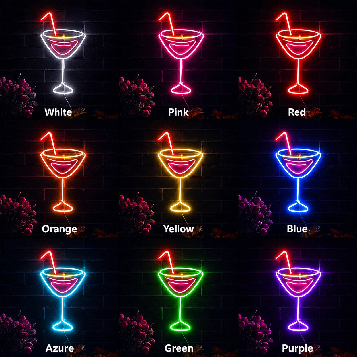 Martini Glass With Straw LED Neon Sign day and night comparison