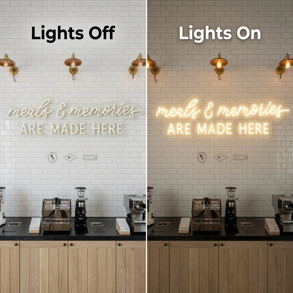 Meals And Memories Are Made Here Wall Art LED Neon Sign - 06 Day Night Comparison