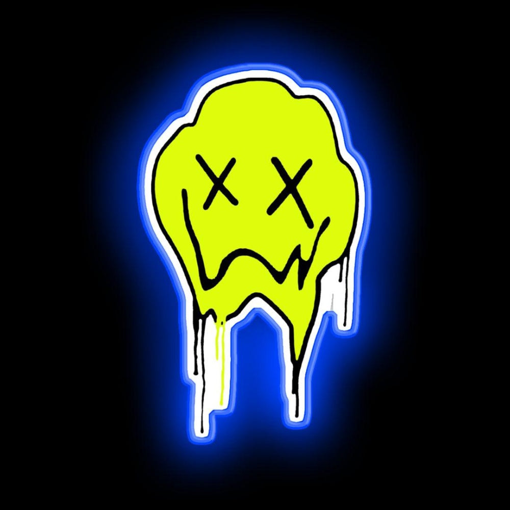 Melting Smiley Face Neon Sign - Neon sign mounted on wall in room