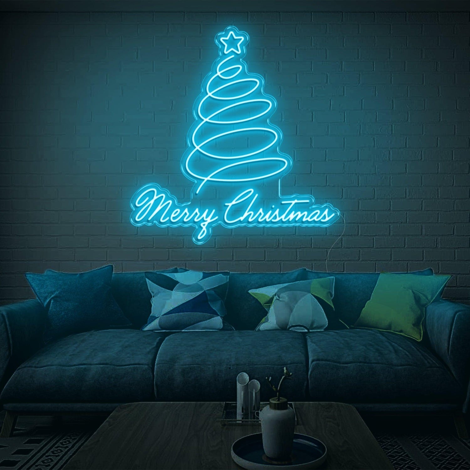 Merry Christmas Blue Spiral Tree With Star Led Neon Sign For Indoor Decor | Shineneon