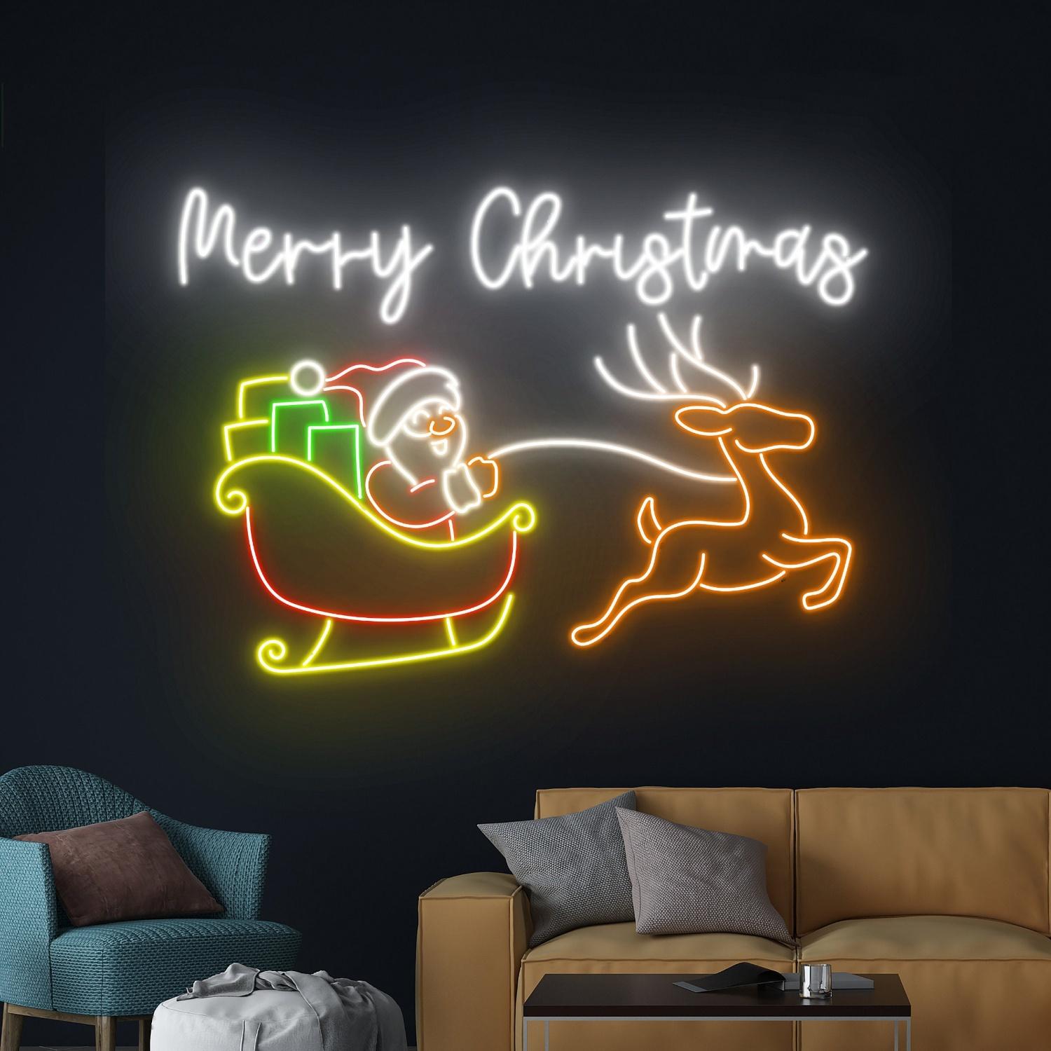 Merry Christmas Santa Claus Sleigh Reindeer Led Neon Sign | Shineneon