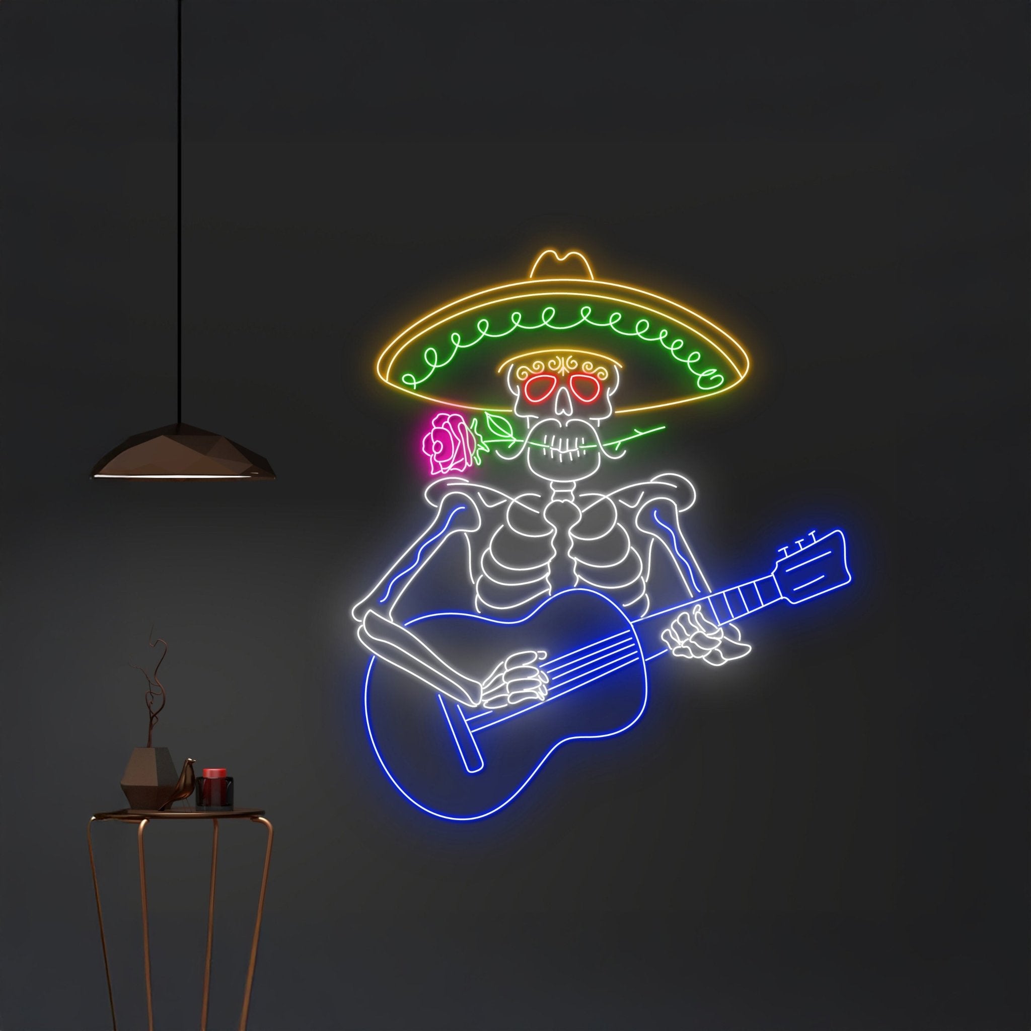 Mexican Skeleton Playing Guitar Neon Sign Skeleton In Sombrero Led Neon - Shineneon