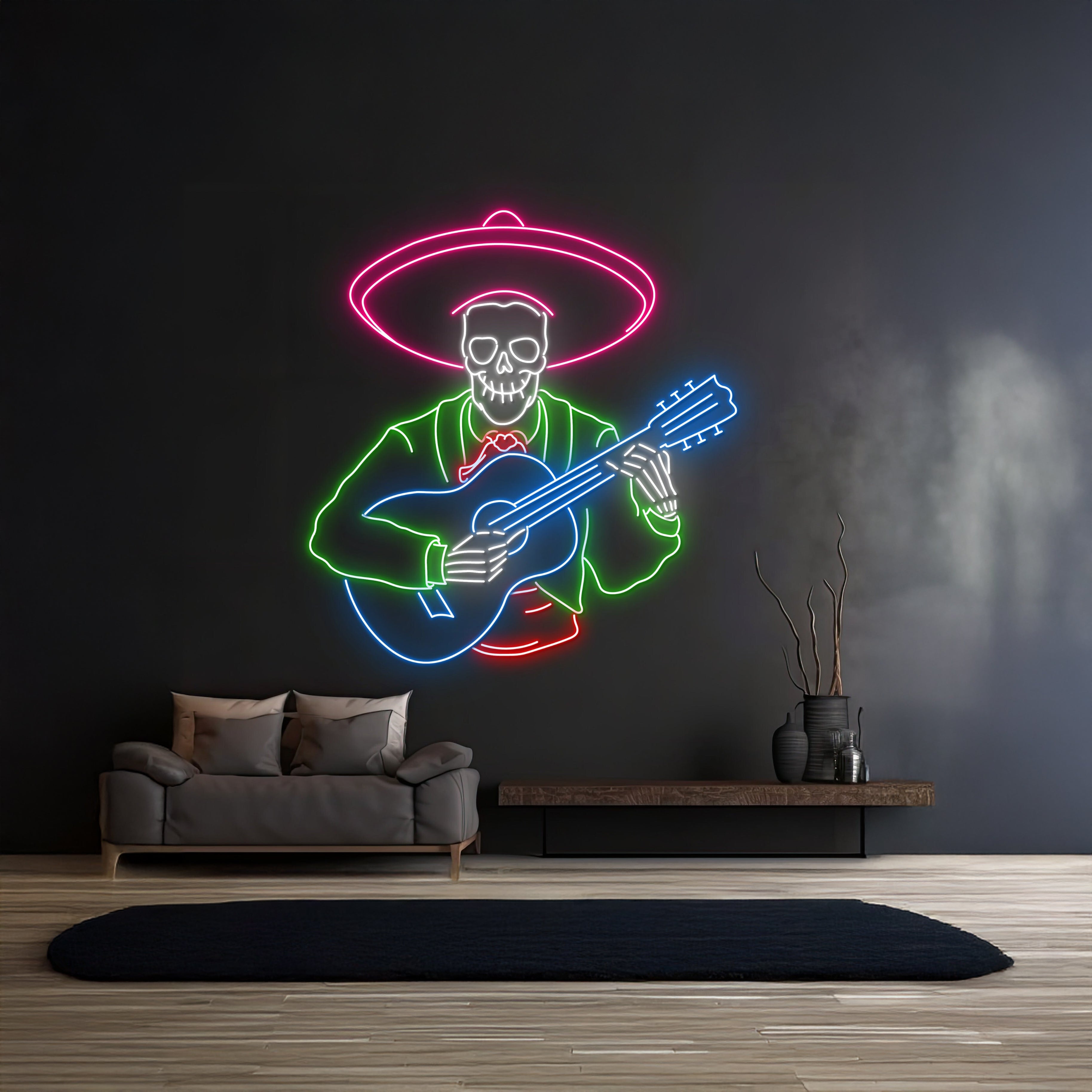 Mexican Skeleton Playing Guitar Neon Sign Skull Singer Led Light | Shineneon