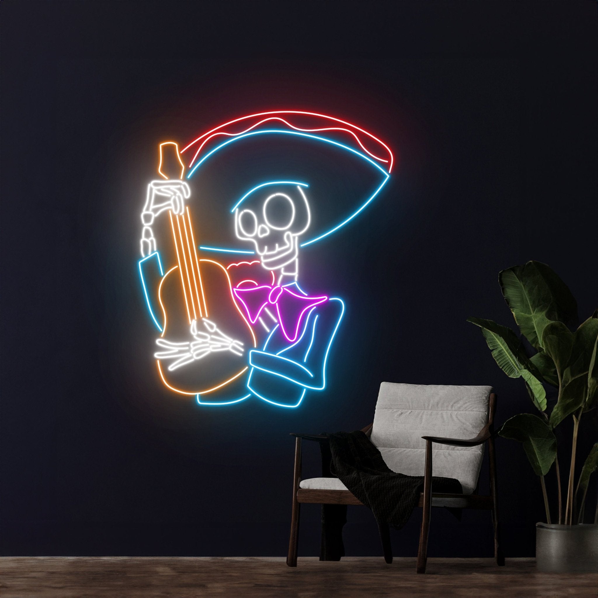 Mexican Skeleton Playing Guitar Neon Sign Ukulele Skull Singer Led Light - Shineneon