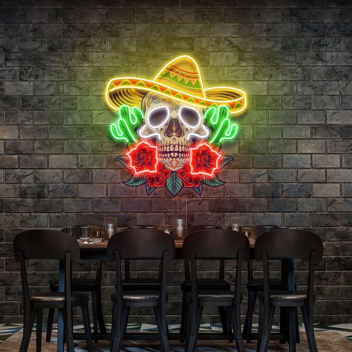 Mexican Skull Cactus Roses Uv Printed Led Neon Sign Artwork For Restaurant Bar Decor | Shineneon
