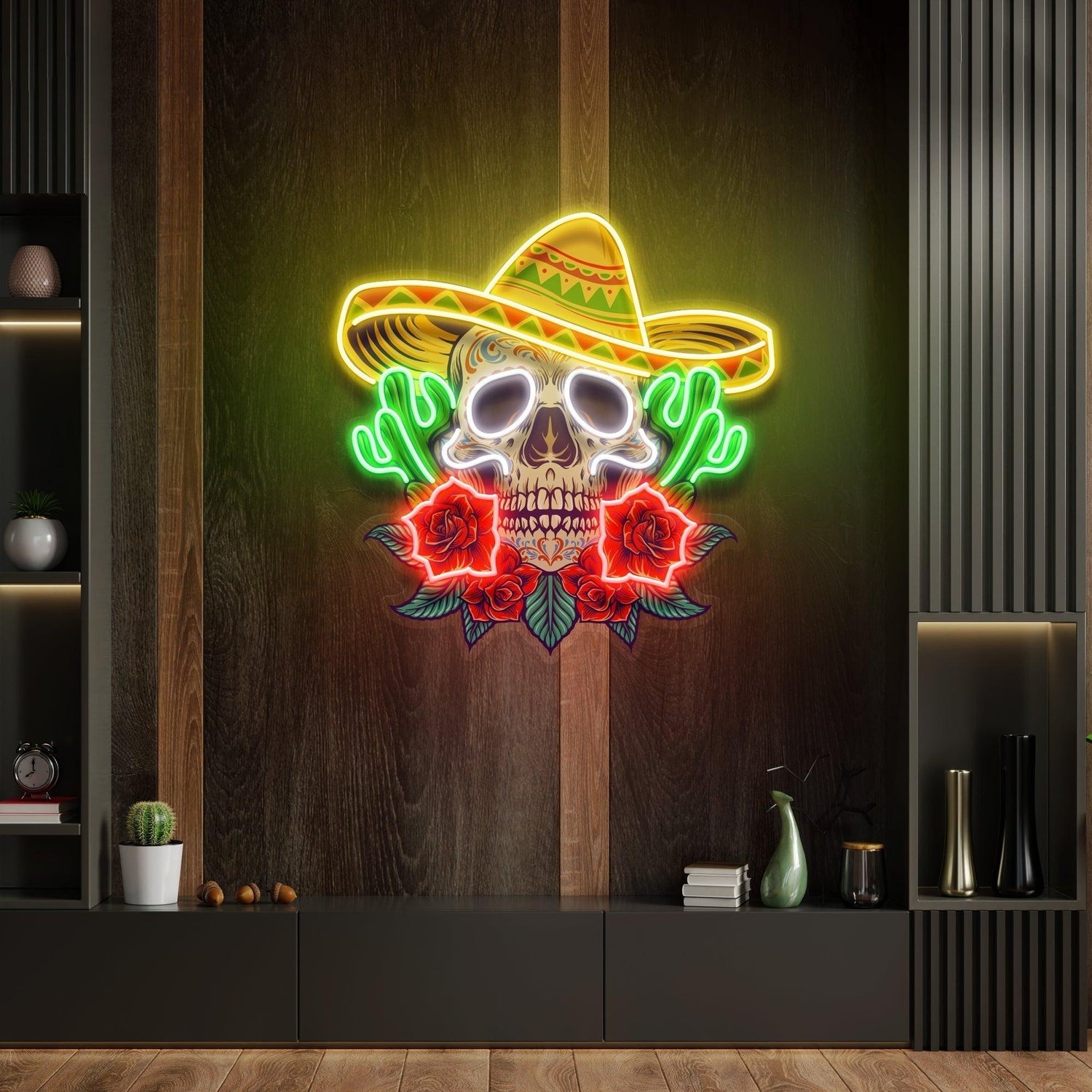 Mexican Skull Cactus Roses Uv Printed Led Neon Sign Artwork For Restaurant Bar Decor | Shineneon