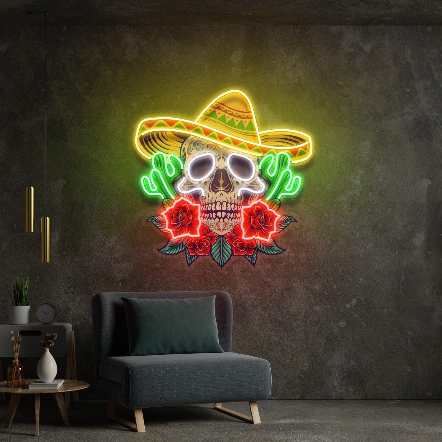 Mexican Skull Cactus Roses Uv Printed Led Neon Sign Artwork For Restaurant Bar Decor | Shineneon