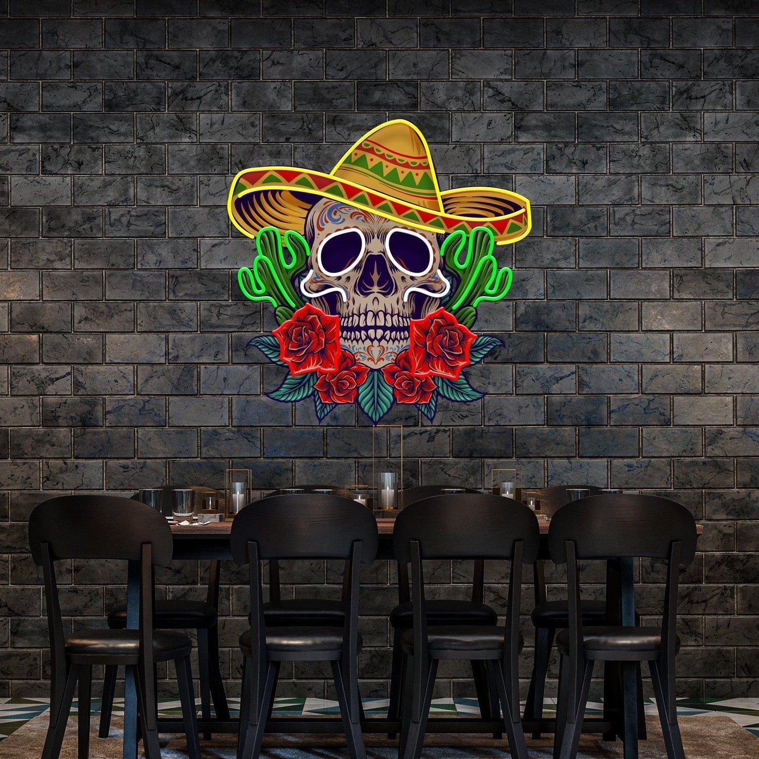 Mexican Skull Cactus Roses Uv Printed Led Neon Sign Artwork For Restaurant Bar Decor | Shineneon