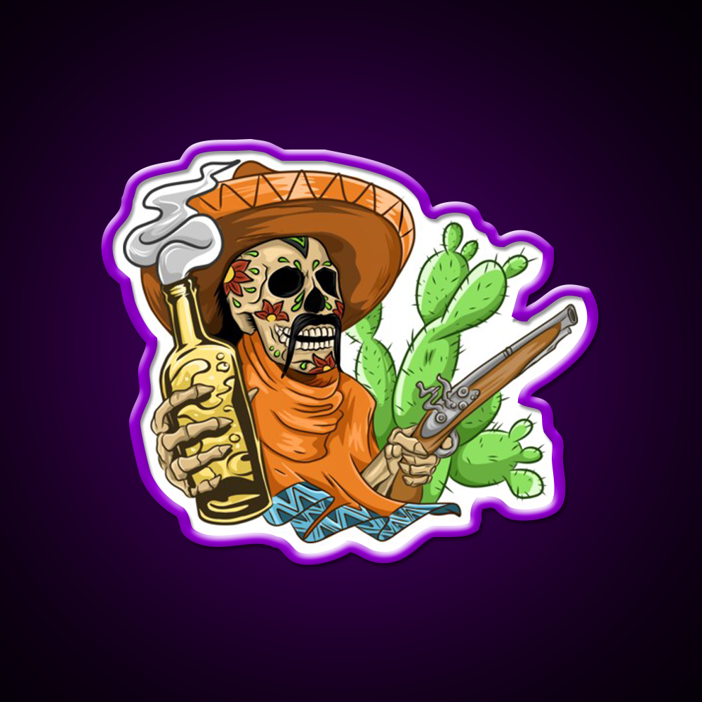 Mexican Skull Holding Sombrero Gun And Beer Bar Decor Led Neon Sign Rgb Color - LED neon sign view 9