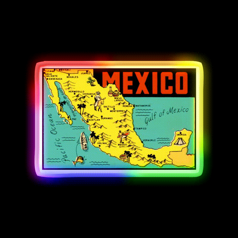 Mexico Graphic Map Vintage Travel Decal Party Drink Tequila Led Neon Sign Rgb Color - LED neon sign close-up detail