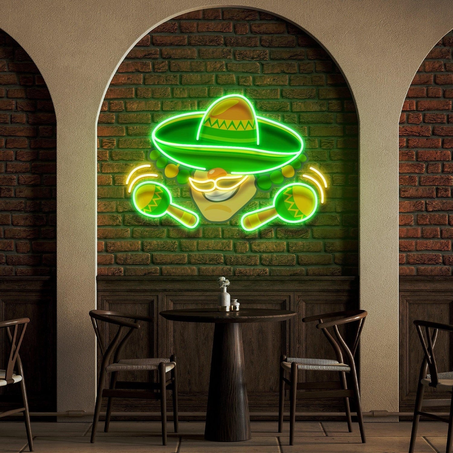 Mexico Themed Green-Yellow Cartoon Sombrero Maracas Uv Printed Led Neon Sign Artwork | Shineneon
